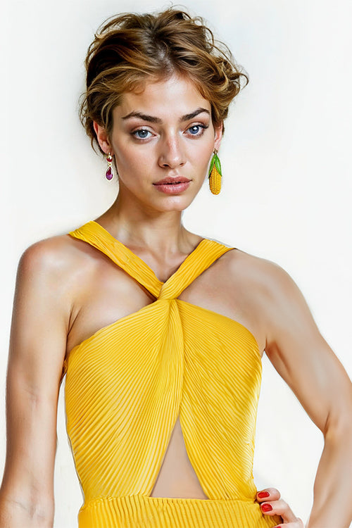 【Quinnbie】Yellow Cross-Front Strapless Pleated Dress