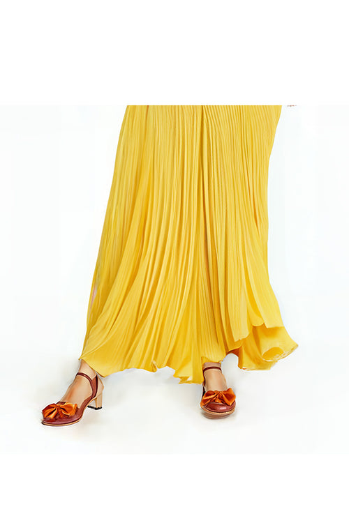 【Quinnbie】Yellow Cross-Front Strapless Pleated Dress