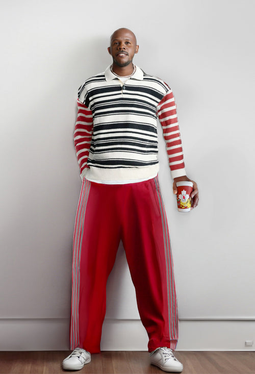 High-Quality Red Sports Pants with Denim Trim