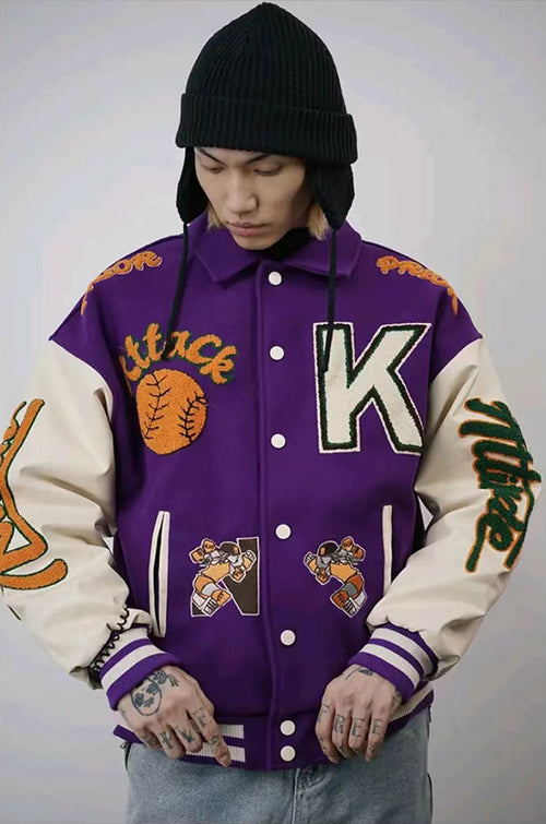 Purple-embroidered baseball jacket